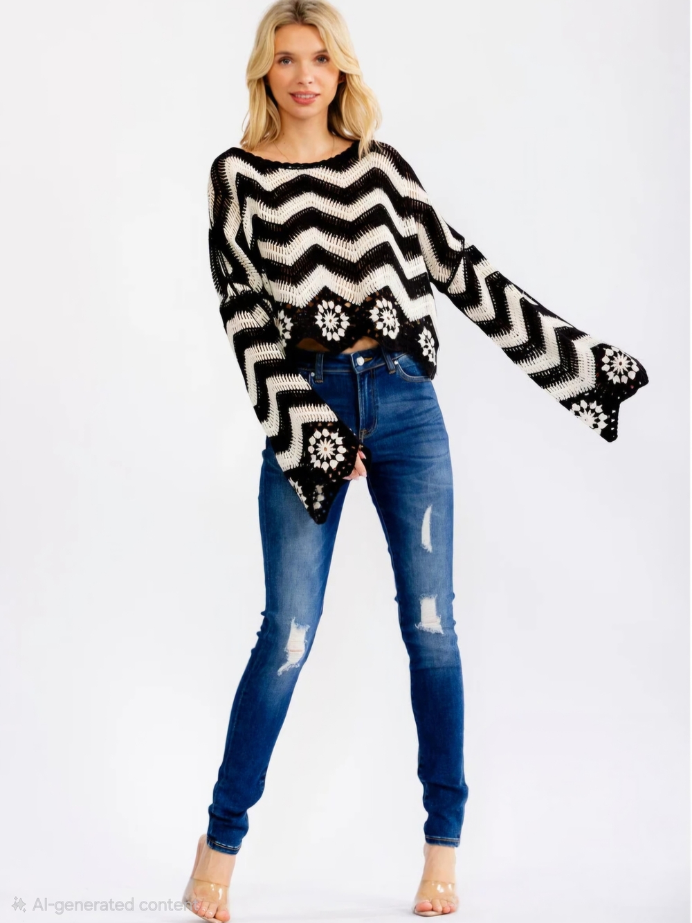 NM105 Crochet Bell Sleeve Chevron Color Block Top Sunburst Oversized Sm/Md Md/Lg